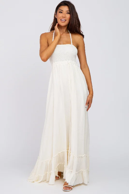 Cream Halter Neck Cut Out Maxi Dress Cozy Spaghetti Strap Maxi Dress