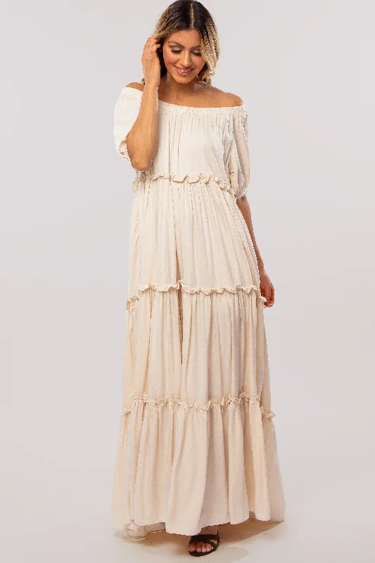 Cream Off Shoulder Ruffle Tiered Maxi Dress Stylish Pleated A-Line Maxi Dress