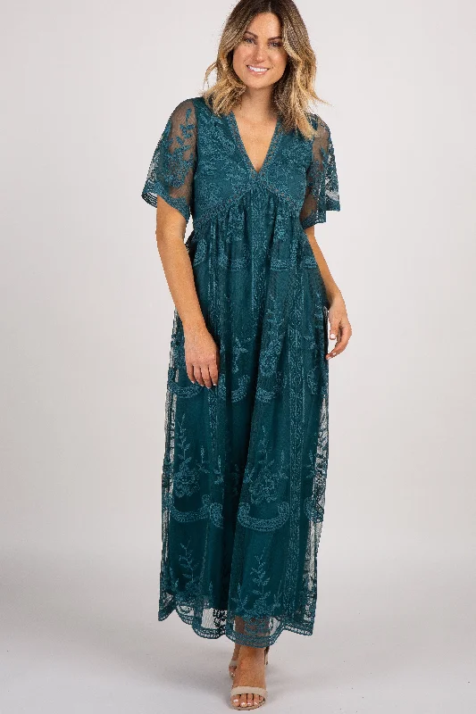 Dark Turquoise Lace Mesh Overlay Maxi Dress Classic V-Neck Maxi Dress