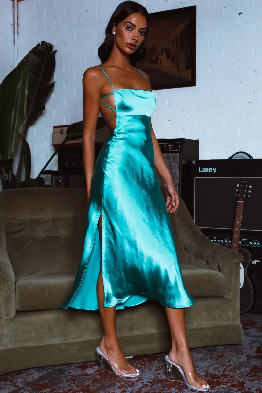 Dolce Life Low Back Midi Dress Teal Comfortable Deep V Midi Dress