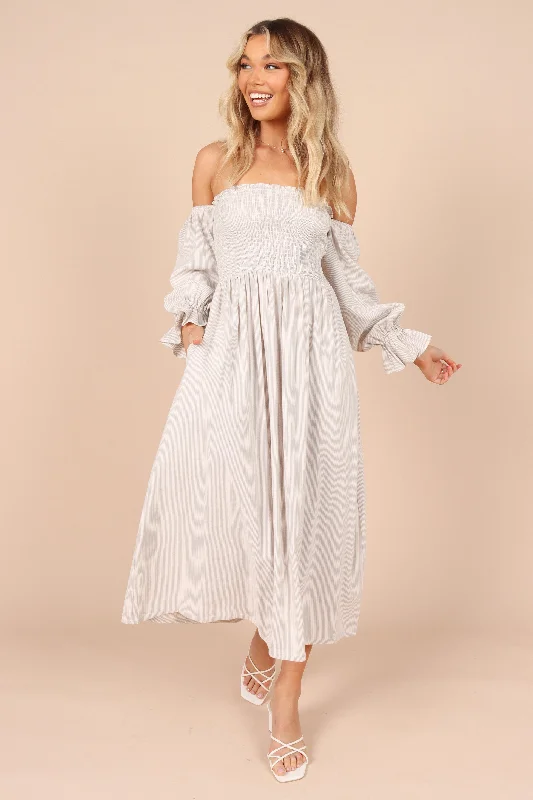 Domenica Shirred Long Sleeve Midi Dress - Beige Stripe Stylish High-Waisted Midi Dress