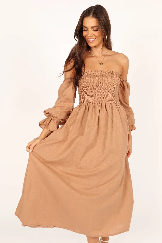 Domenica Shirred Long Sleeve Midi Dress - Tan Stylish Wraparound Midi Dress