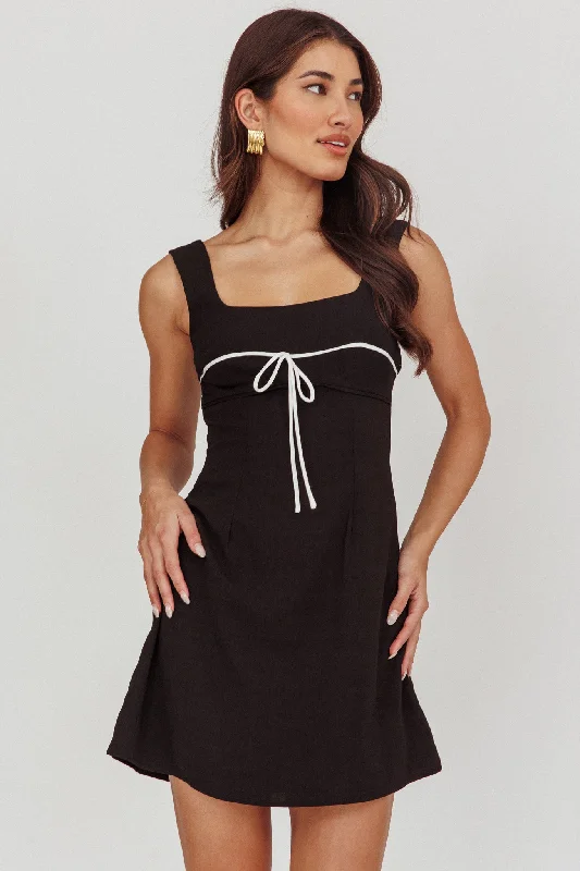 Doves Contrast Bow Mini Dress Black Casual High-Waist Mini Dress