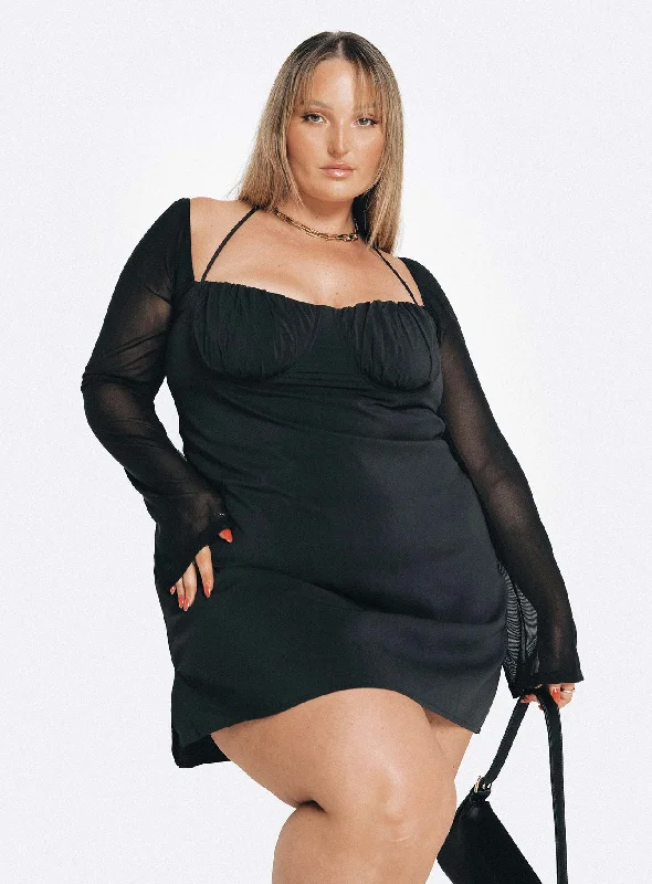 Dyer Sheer Sleeve Mini Dress Black Curve Trendy A-Line Mini Dress