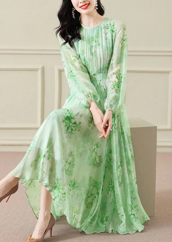 Elegant Green Wrinkled Print Chiffon Maxi Dress Long Sleeve Comfortable Casual Maxi Dress