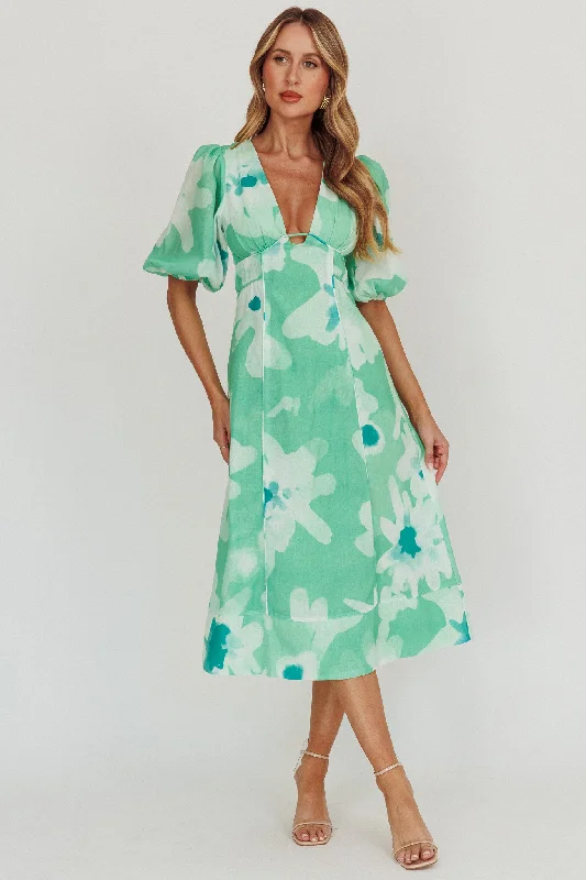 Elias Puff Sleeve Midi Dress Green Comfortable Denim Midi Dress