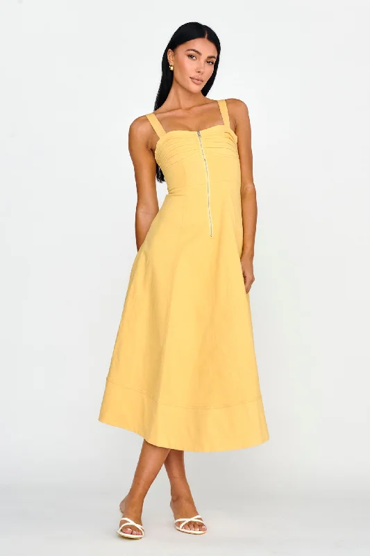 Emilio Pleated Bust A-Line Midi Dress Yellow Stylish Midi Dress with Cuffs