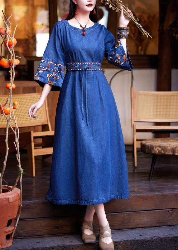 Fashion Denim Navy Patchwork Tie Waist Maxi Dress Flare Sleeve Fashionable High-Waist Maxi Dress