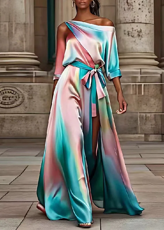 Fashion Rainbow Asymmetrical Patchwork Silk Maxi Dress Summer Chic Boho Print Maxi Dress