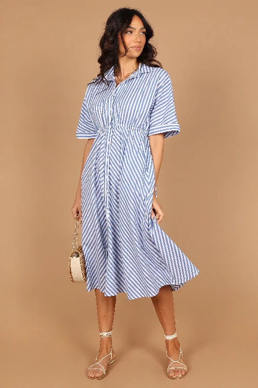 Finn Collared Midi Dress - Blue Stripe Elegant Floral Appliqué Midi Dress