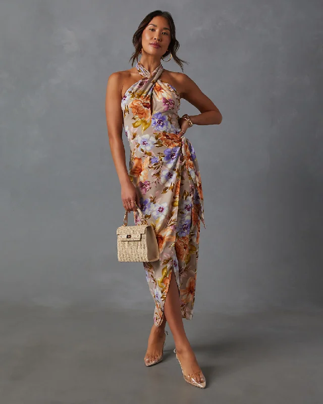 Floral Beauty Twist Front Halter Midi Dress Trendy Fit-and-Flare Midi Dress