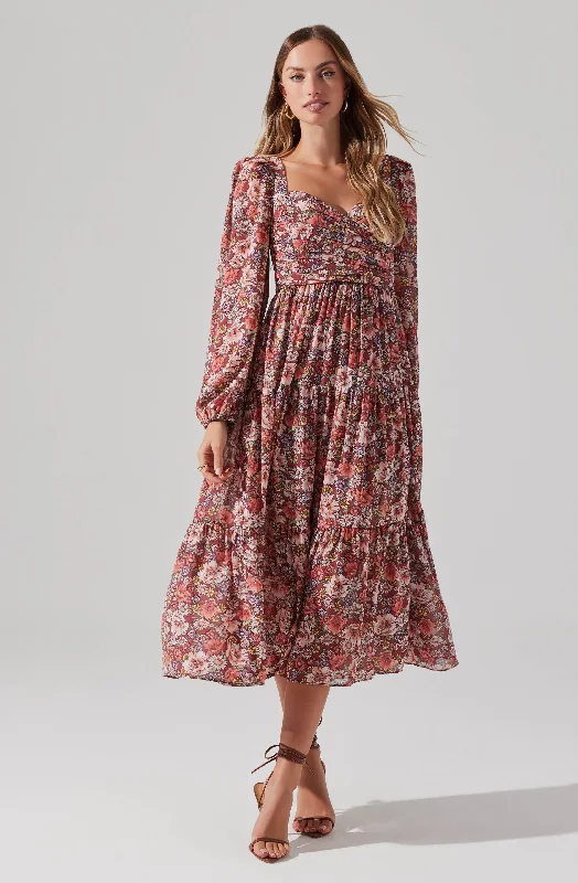 Floral Pleated Surplice Puff Sleeve Midi Dress Cozy T-shirt Midi Dress