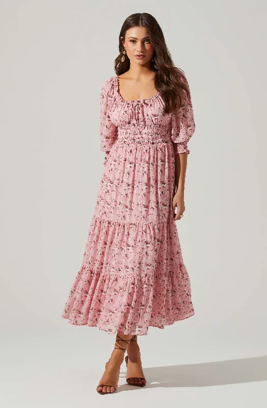 Floral Smocked Waist Tiered Midi Dress Chic Off-Shoulder Midi Dress