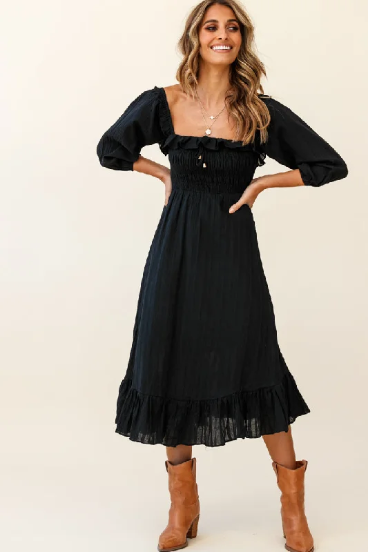 Flynn Off-Shoulder Shirred Bust Midi Dress Black Cozy Midi Dress with Pockets