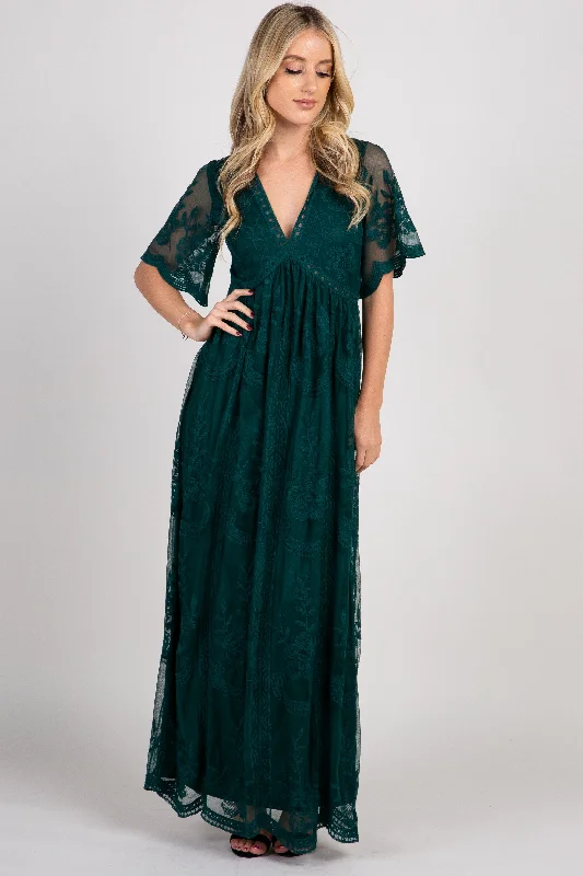 Forest Green Lace Mesh Overlay Maxi Dress Fashionable Printed Maxi Dress