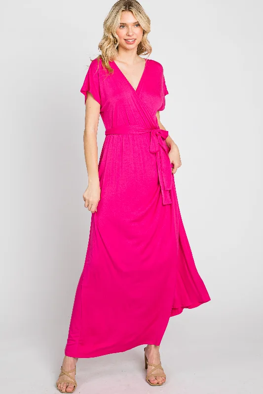 Fuchsia Basic Wrap Maxi Dress Cozy Cold-Shoulder Maxi Dress