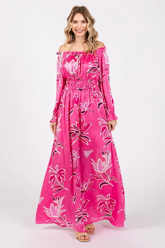 Fuchsia Floral Ruffle Neck Maxi Dress Stylish Empire Waist Maxi Dress