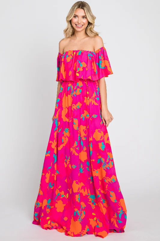 Fuchsia Floral Strapless Flounce Maxi Dress Stylish Button-Up Maxi Dress