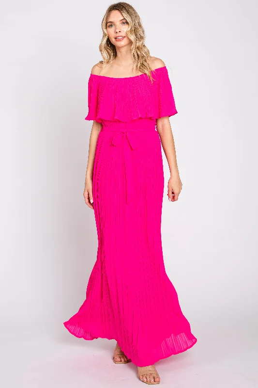 Fuchsia Pleated Off Shoulder Maxi Dress Trendy Maxi Dress with Straps