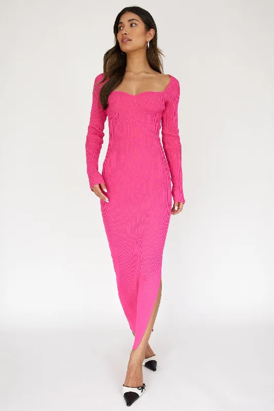 Fuchsia Rib Knit Long Sleeve Maxi Dress Trendy Maxi Dress with Bow