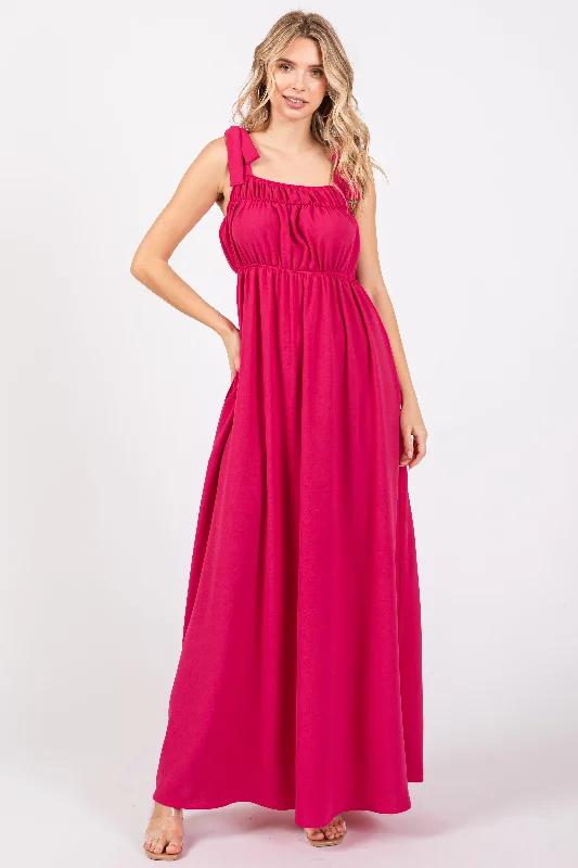 Fuchsia Square Neck Shoulder Tie Maxi Dress Trendy Satin Maxi Dress