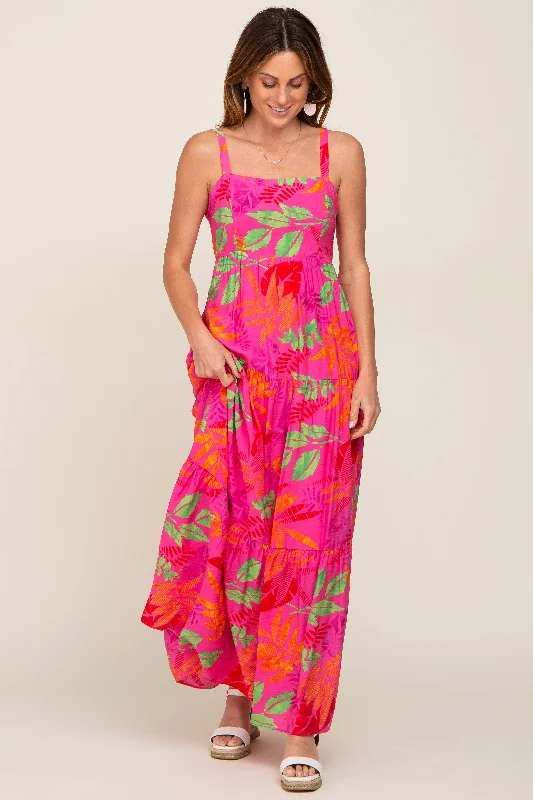 Fuchsia Tropical Leaf Print Maxi Dress Fashionable Halter Neck Maxi Dress