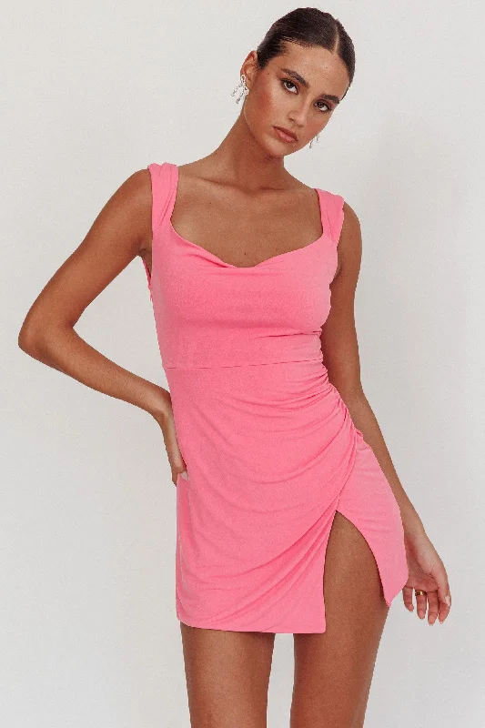 Giavanna Thigh Split Mini Dress Pink Comfortable Casual Mini Dress