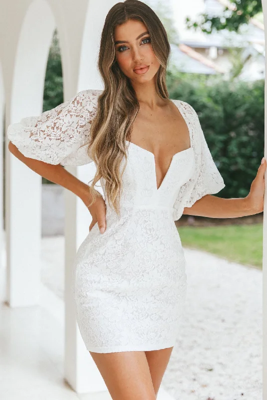 Good Vibes Puff Sleeve Deep V-Neckline Lace Mini Dress White Stylish Spaghetti Strap Mini Dress