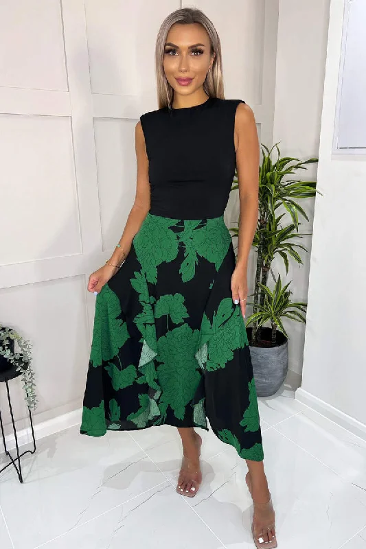 Green And Black Floral Print 2 in 1 Midi Dress Stylish Cold Shoulder Midi Dress