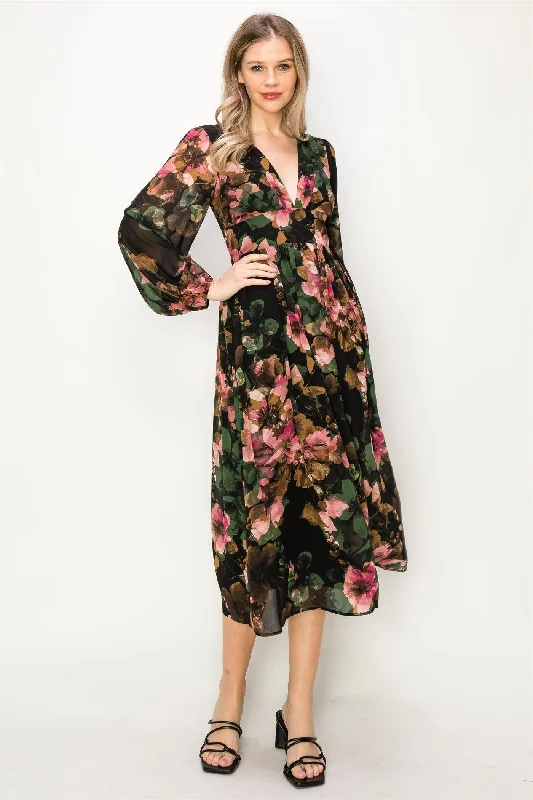 Green Chiffon Floral Long Sleeve V-Neck Maxi Dress Comfortable Bohemian Maxi Dress