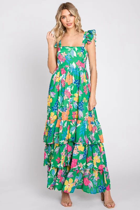 Green Floral Chiffon Square Neck Ruffle Maxi Dress Fashionable Halter Neck Maxi Dress