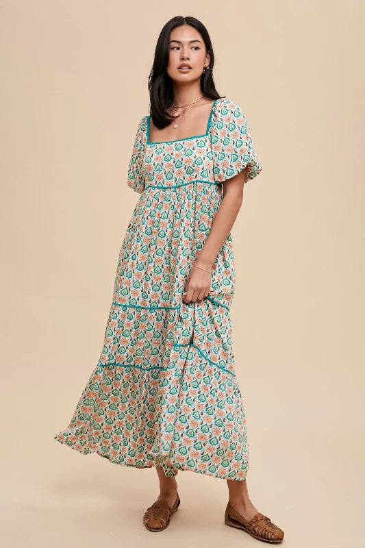 Green Floral Print Puff Sleeve Maxi Dress Comfortable Cotton Maxi Dress