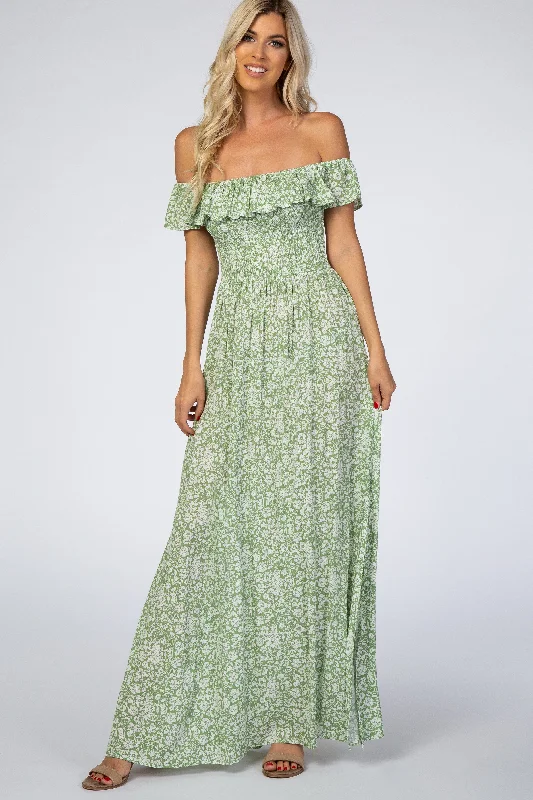 Green Floral Ruffle Off Shoulder Maxi Dress Elegant Lace Maxi Dress