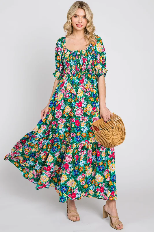 Green Floral Smocked Puff Sleeve Maxi Dress Fashionable Asymmetrical Maxi Dress