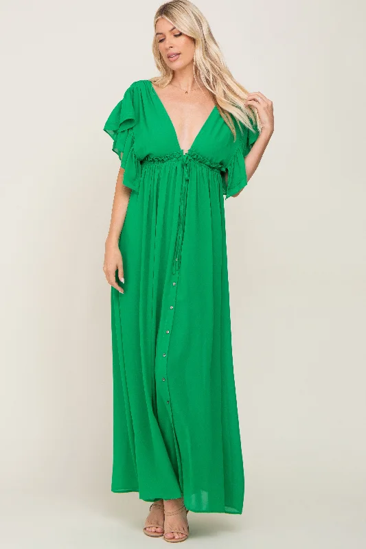 Green Flounce Button Front Maxi Dress Comfortable Plunging Neckline Maxi Dress