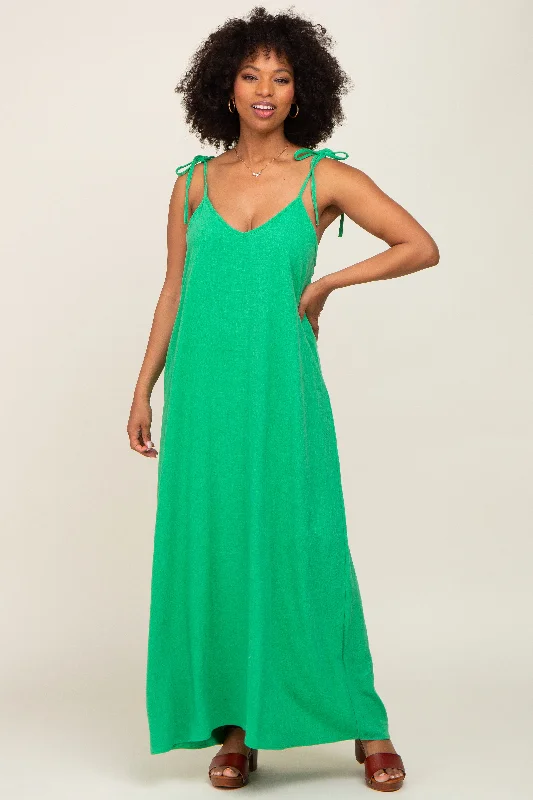 Green Linen V-Neck Tie Strap Maxi Dress Comfortable Maxi Dress with Slits