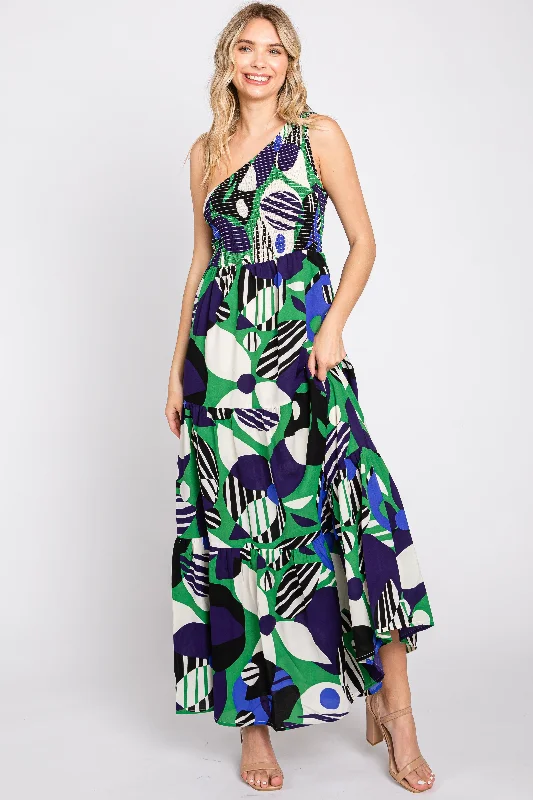 Green Printed One Shoulder Tiered Maxi Dress Elegant Floral Maxi Dress