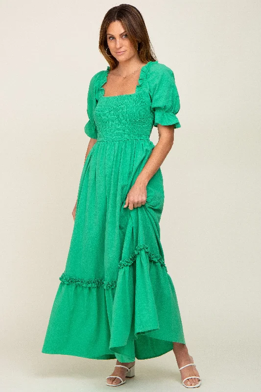 Green Puff Sleeve Ruffle Accent Maxi Dress Elegant Velvet Maxi Dress