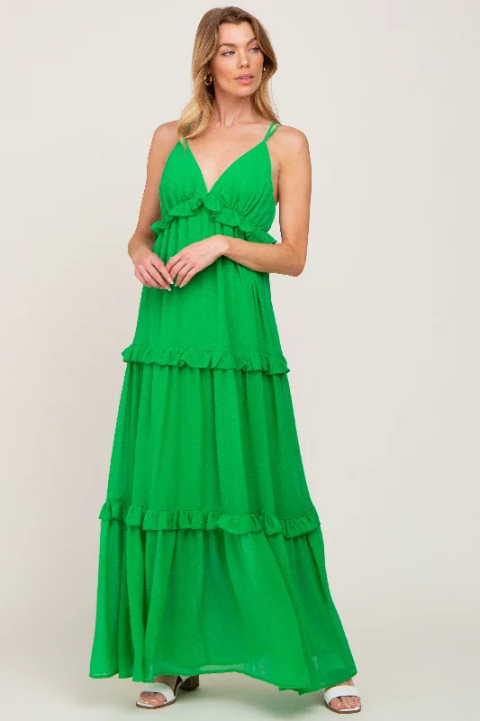 Green Ruffle Tier Cross Back Maxi Dress Casual Maxi Dress with Pockets