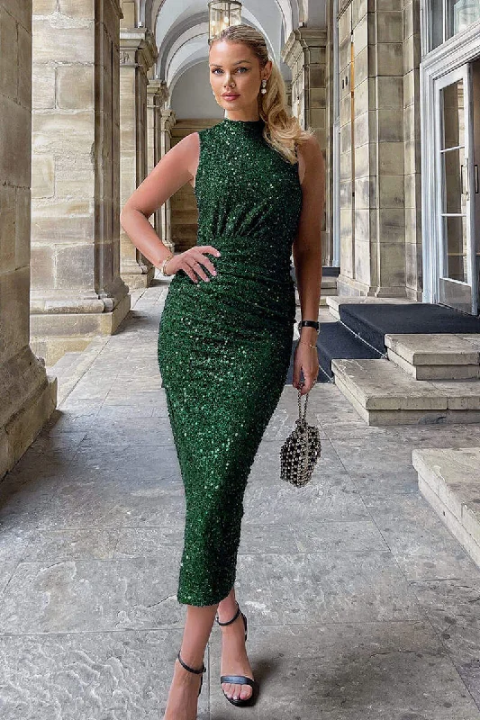 Green Sequin Ruched Side Split Leg Midi Dress Elegant Sleeveless Midi Dress