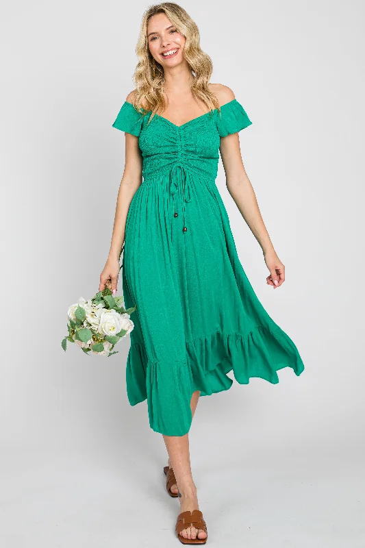 Green Smocked Ruched Ruffle Hem Maxi Dress Elegant Tiered Maxi Dress