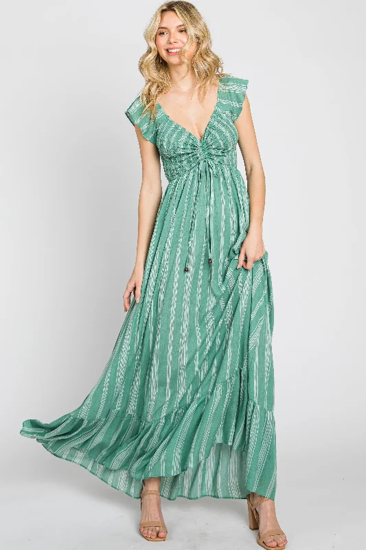 Green Striped Off Shoulder Front Tie Maxi Dress Trendy A-Line Maxi Dress