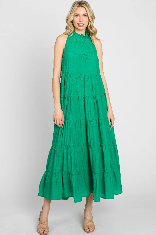 Green Tiered High Neck Maxi Dress Trendy Satin Maxi Dress