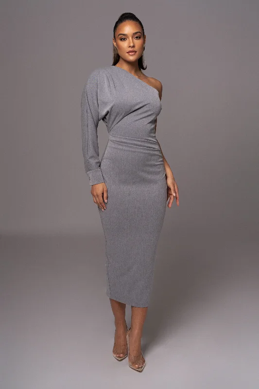 Grey Racheal One Shoulder Midi Dress Fashionable Off-Shoulder Dress Midi