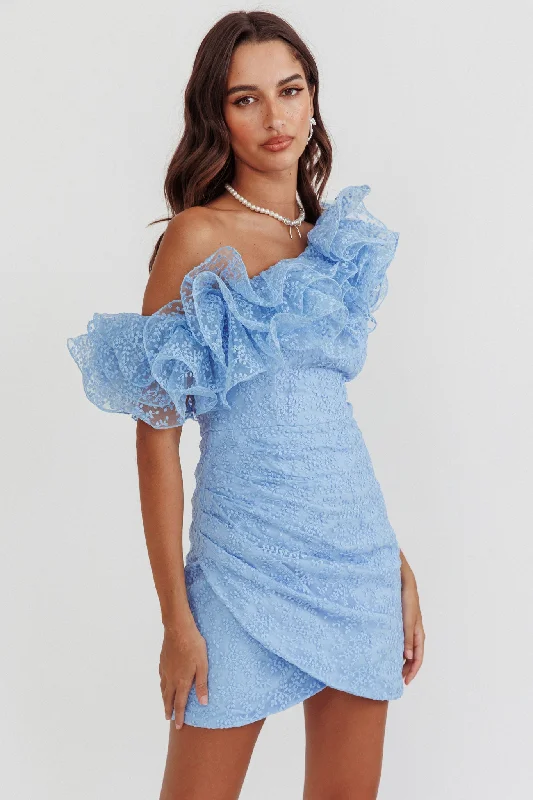 Hollyn One-Shoulder Ruffle Mini Dress Baby Blue Trendy Mini Dress with Belt