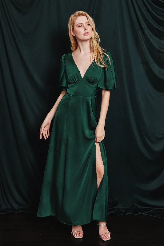 Hunter Green Satin Flutter Sleeve Plunging Maxi Dress Stylish One-Shoulder Maxi Dress