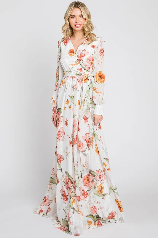 Ivory Floral Chiffon Long Sleeve Maxi Dress Fashionable Maxi Dress with Fringe