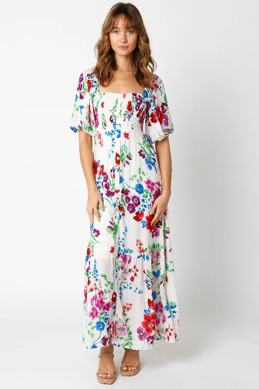 Ivory Floral Front Button Accent Maxi Dress Comfortable T-Shirt Maxi Dress