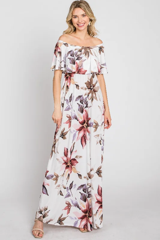 Ivory Floral Off Shoulder Maxi Dress Chic Summer Floral Maxi Dress