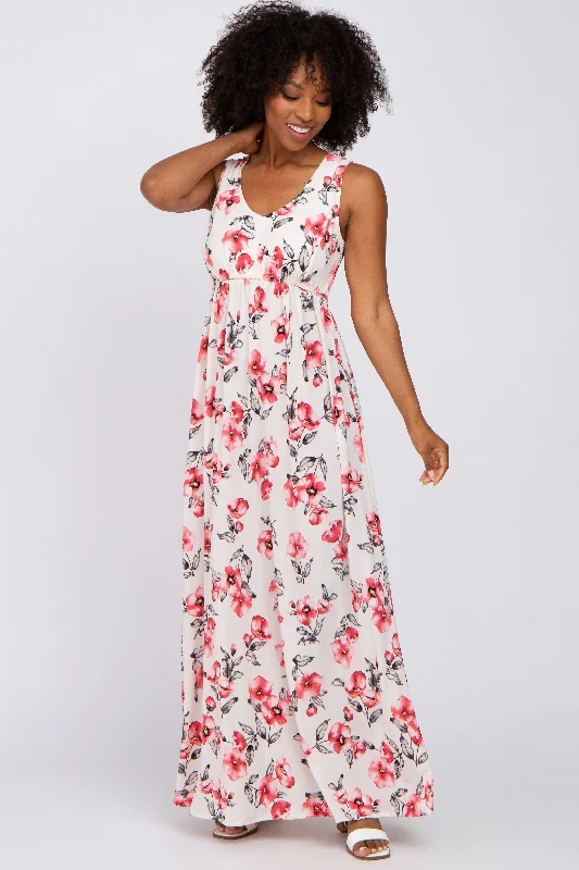 Ivory Floral Waist Tie Maxi Dress Chic Sleeveless Maxi Dress